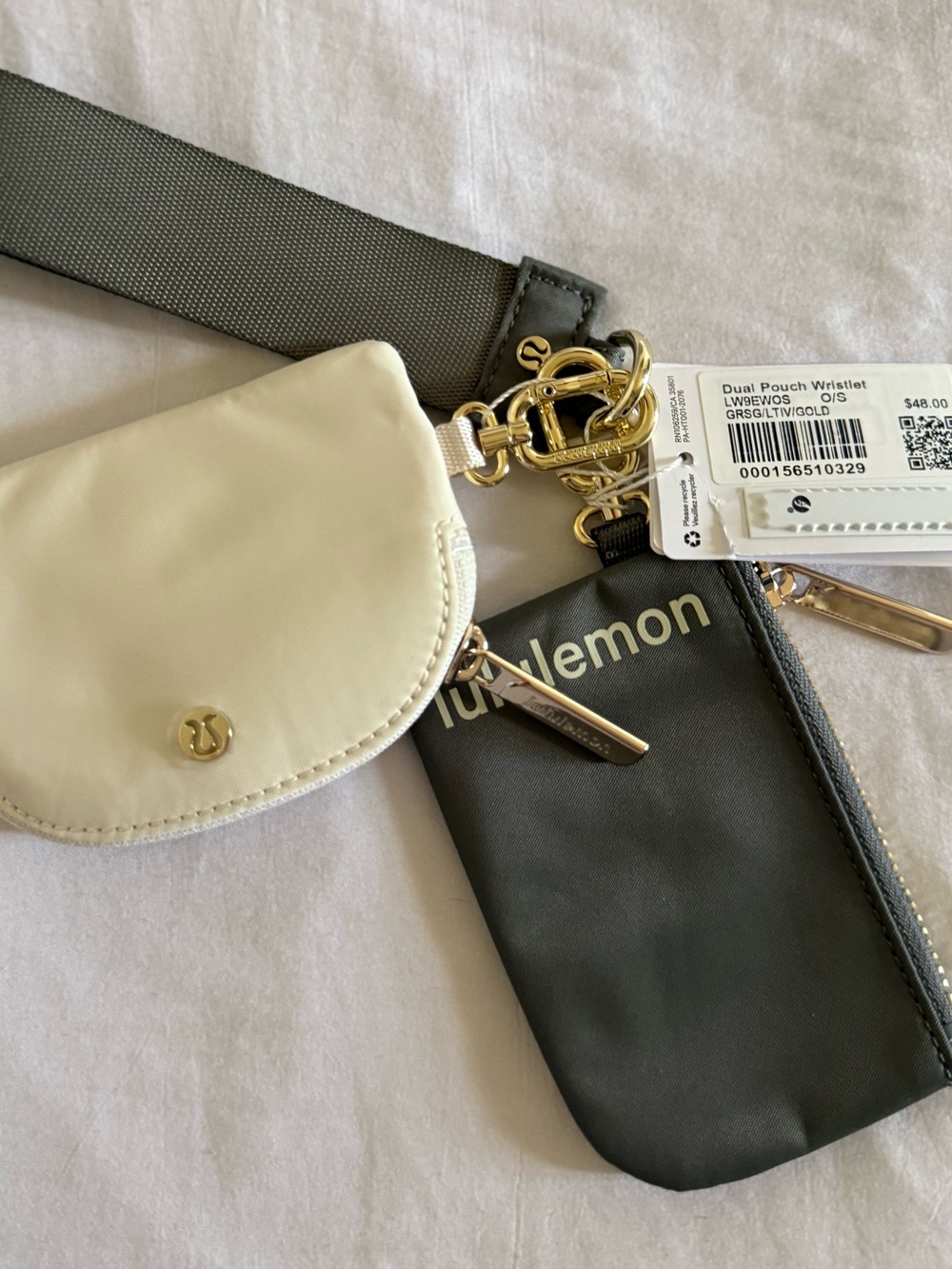 NEW Lululemon Dual Pouch Wristlet – Grey Sage / Vintage Gold